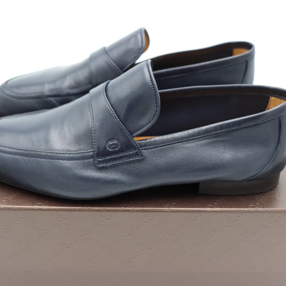 NIB Gucci Mens Navy Blue Unlined Leather Slip-on Loafers Shoes - Picture 4 of 9